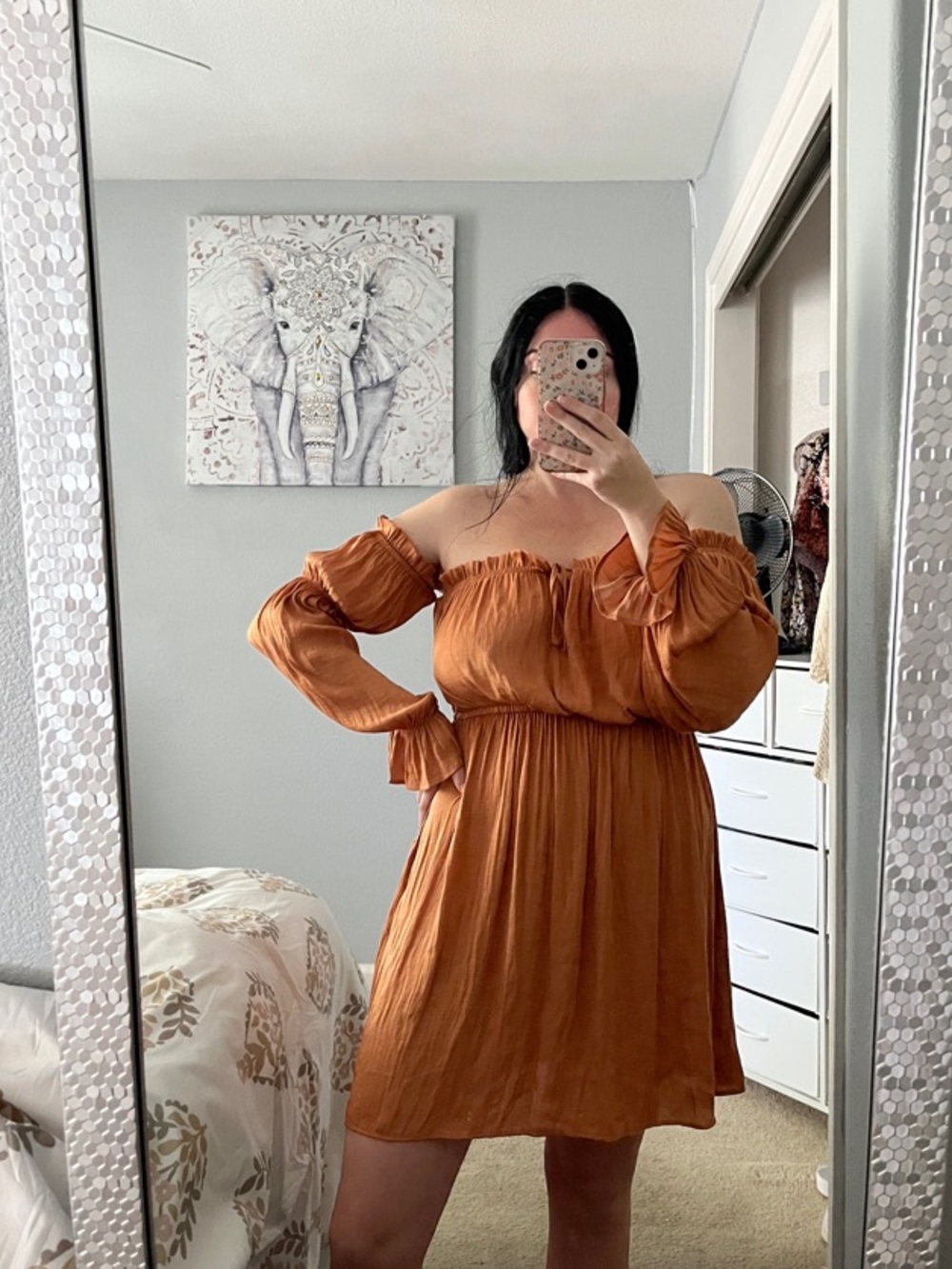 Forever 21 Contemporary Rust Orange Off-Shoulder Long Sleeve Mini Dress L Large